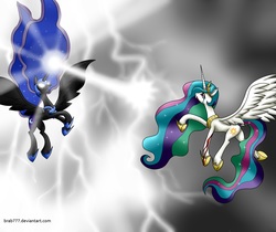 Size: 2073x1742 | Tagged: safe, artist:brab777, nightmare moon, princess celestia, pony, g4, duo, fight, glowing eyes, injured