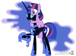 Size: 10480x7710 | Tagged: safe, artist:90sigma, nightmare moon, twilight sparkle, alicorn, pony, unicorn, g4, absurd resolution, cute, duo, duo female, female, hug, mare, moonabetes, nicemare moon, ponies riding ponies, raised hoof, riding, simple background, smiling, transparent background, twiabetes, twilight riding luna, twilight riding nightmare moon, unicorn twilight, vector