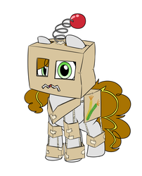 Size: 1210x1500 | Tagged: safe, artist:victoreach, oc, oc only, oc:haywire, earth pony, pony, robot, :d, antennae, cardboard box, clothes, commission, costume, cute, female, filly, happy, open mouth, simple background, smiling, solo, tape, white background