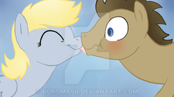 Size: 600x337 | Tagged: safe, artist:kunomasu, derpy hooves, doctor whooves, time turner, pegasus, pony, g4, female, licking, male, mare, obtrusive watermark, ship:doctorderpy, shipping, straight, tongue out, watermark