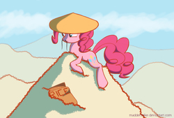 Size: 1643x1113 | Tagged: safe, artist:maddermike, artist:madthemike, pinkie pie, earth pony, pony, g4, asian conical hat, female, food, hat, moustache, pile, rice, solo, wat