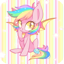 Size: 1700x1700 | Tagged: safe, artist:riouku, oc, oc only, oc:paper stars, bat pony, pony, amputee, bandage, cute, cute little fangs, ear fluff, fangs, female, looking at you, one eye closed, paperbetes, sitting, smiling, solo, stars, wink