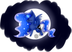 Size: 1024x733 | Tagged: safe, artist:izuuarts, princess luna, g4, chest fluff, eyes closed, female, flying, moon, solo