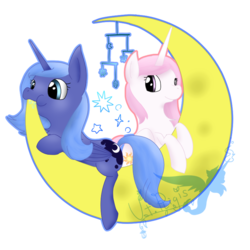 Size: 787x787 | Tagged: safe, artist:jisuppe, princess celestia, princess luna, alicorn, pony, g4, cewestia, crib mobile, cute, drool, edible heavenly object, female, filly, filly celestia, filly luna, moon, nom, pink-mane celestia, prone, simple background, tangible heavenly object, transparent background, watermark, woona, younger