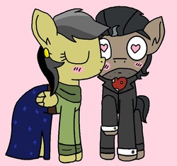 Size: 744x695 | Tagged: safe, artist:thefanficfanpony, daring do, doctor caballeron, g4, blushing, clothes, dress, ear piercing, earring, eyes closed, female, heart eyes, jewelry, kissing, male, ms paint, piercing, ship:daballeron, shipping, straight, tuxedo, wingding eyes