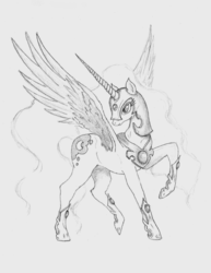Size: 1024x1325 | Tagged: safe, artist:justiceberglund, nightmare moon, g4, female, grayscale, monochrome, raised hoof, simple background, solo, spread wings, traditional art