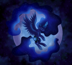 Size: 900x815 | Tagged: safe, artist:derpsonhooves, princess luna, g4, eyes closed, female, flying, magic, moon, moonrise, solo