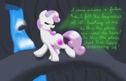 Size: 1600x1037 | Tagged: safe, artist:thelastsolstice, sweetie belle, g4, cursive writing, cutie mark, female, keane, singing, solo, somewhere only we know (song), song reference, the cmc's cutie marks
