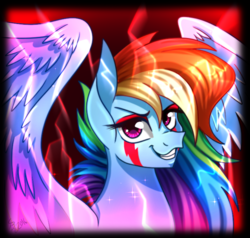 Size: 700x666 | Tagged: safe, artist:derpsonhooves, rainbow dash, g4, female, grin, lightning, smiling, solo, spread wings