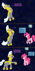 Size: 1000x2032 | Tagged: safe, artist:hakar-kerarmor, pinkie pie, oc, oc:bastion, earth pony, pony, unicorn, ask four inept guardponies, g4, balloon, comic, descriptive noise, female, floating, horse noises, male, mare, pinkie being pinkie, pinkie logic, pinkie physics, ponk, royal guard, singing, space, stallion, suffocating, then watch her balloons lift her up to the sky