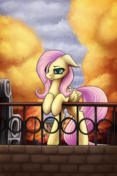 Size: 1269x1912 | Tagged: safe, artist:dipfanken, fluttershy, pegasus, pony, g4, autumn, bench, depressed, female, floppy ears, folded wings, melancholy, park, rearing, solo, wings