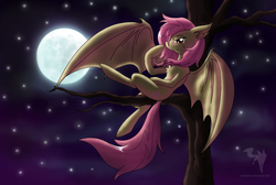 Size: 1280x858 | Tagged: safe, artist:ravenarkk, fluttershy, bat pony, pony, g4, female, flutterbat, moon, night, race swap, sitting, solo, spread wings, tree