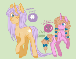 Size: 1100x850 | Tagged: safe, artist:gachapuns, oc, oc only, oc:lacey dreams, oc:morning glory, freckles, hair over one eye, magical lesbian spawn, offspring, one eye closed, parent:applejack, parent:rarity, parents:rarijack