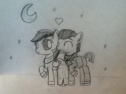 Size: 960x720 | Tagged: safe, artist:thefanficfanpony, daring do, doctor caballeron, g4, clothes, date, dress, eyes closed, female, heart, male, moon, night, ship:daballeron, shipping, sketch, straight, tuxedo