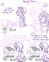 Size: 1280x1611 | Tagged: safe, artist:adorkabletwilightandfriends, spike, starlight glimmer, dragon, pony, unicorn, comic:adorkable twilight and friends, g4, adorkable friends, business, capitalism, comic, lineart, massage, poster, slice of life