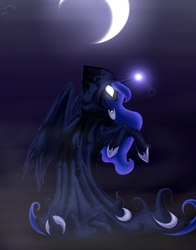 Size: 4400x5600 | Tagged: safe, artist:sinderynaralex, princess luna, spirit of hearth's warming yet to come, a hearth's warming tail, g4, absurd resolution, cloak, clothes, female, glowing eyes, magic, moon, solo