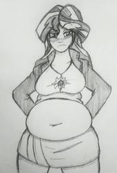 Size: 1440x2114 | Tagged: dead source, safe, artist:evillarry1234, sunset shimmer, equestria girls, g4, belly, belly button, big belly, blushing, fat, female, looking at you, midriff, monochrome, sketch, slobset shimmer, solo, traditional art