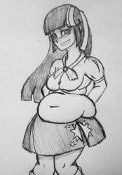 Size: 1440x2072 | Tagged: dead source, safe, artist:evillarry1234, twilight sparkle, equestria girls, g4, belly, belly button, big belly, fat, female, monochrome, sketch, solo, traditional art, twilard sparkle