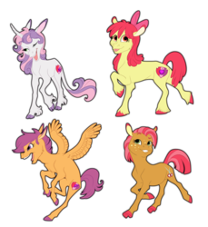 Size: 682x746 | Tagged: safe, artist:nattikay, apple bloom, babs seed, scootaloo, sweetie belle, classical unicorn, g4, cloven hooves, cutie mark, cutie mark crusaders, horn, leonine tail, one eye closed, open mouth, simple background, the cmc's cutie marks, tongue out, transparent background, unshorn fetlocks, wink