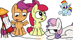 Size: 5333x2973 | Tagged: safe, artist:dgaribalde, apple bloom, rainbow dash, scootaloo, sweetie belle, mentally advanced series, g4, american independence day, cutie mark crusaders, drama, fireworks, flurry heart drama, implied princess flurry heart, independence day, open mouth, simple background, this will end in jail time, thrackerzod, tongue out, white background