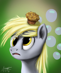 Size: 1000x1200 | Tagged: safe, artist:misiekpl, derpy hooves, pegasus, pony, g4, :c, bubble, female, food, mare, muffin, solo
