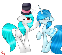 Size: 980x865 | Tagged: safe, artist:birdyboop, oc, oc only, oc:bird song, oc:winter song, blushing, hat, poking