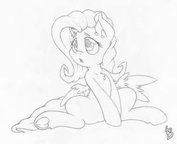 Size: 1500x1221 | Tagged: safe, artist:dfectivedvice, fluttershy, g4, chest fluff, cute, female, grayscale, looking away, monochrome, open mouth, shyabetes, simple background, sitting, solo, spread legs, spread wings, spreading, traditional art, underhoof, white background