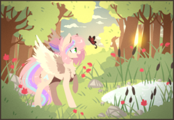 Size: 1666x1149 | Tagged: safe, artist:tay-niko-yanuciq, oc, oc only, oc:sweet skies, butterfly, flower, forest, lineless, raised hoof, solo, spread wings