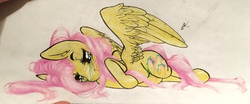 Size: 700x290 | Tagged: safe, artist:faygobushjugalo77, fluttershy, pegasus, pony, g4, cropped, crying, female, looking down, lying down, on side, solo, spread wings, teary eyes, traditional art