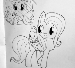 Size: 1175x1071 | Tagged: safe, artist:tjpones, fluttershy, cat, pony, g4, black and white, grayscale, kitten, lineart, monochrome, traditional art