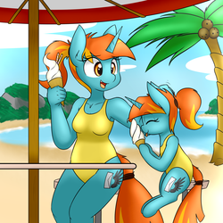 Size: 1280x1280 | Tagged: safe, artist:rice, oc, oc only, oc:swift note, pony, anthro, anthro ponidox, anthro with ponies, armpits, beach, clothes, female, food, ice cream, mare, one-piece swimsuit, swimsuit
