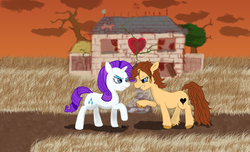 Size: 2629x1600 | Tagged: safe, artist:sect-neko, rarity, oc, oc:heartbreak, earth pony, pony, g4, abandoned, blue eyes, branding, cloud, duo, female, gold, grass, gritted teeth, hat, heart, hole, house, human in equestria, human to pony, male to female, mare, messy mane, my little heartbreak, rule 63, teeth, tree, vine, weather vane