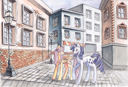 Size: 3489x2368 | Tagged: safe, artist:schizoidtomii, fluttershy, rarity, pony, g4, architecture, blushing, female, high res, lesbian, mare, ship:flarity, shipping, street, traditional art