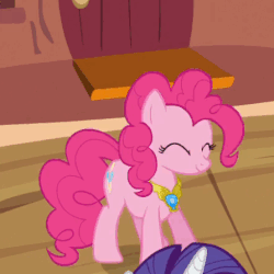 Size: 447x447 | Tagged: safe, screencap, pinkie pie, rarity, pony, g4, magical mystery cure, animated, cute, diapinkes, eyes closed, female, happy, jumping, solo focus