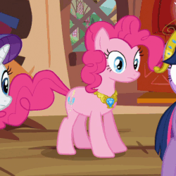 Size: 495x495 | Tagged: safe, screencap, pinkie pie, rarity, twilight sparkle, earth pony, pony, g4, magical mystery cure, animated, big crown thingy, crown, element of laughter, female, implied farting, jewelry, regalia, solo focus, twitchy tail