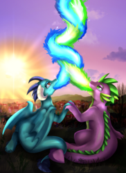 Size: 2550x3509 | Tagged: safe, artist:pridark, princess ember, spike, dragon, g4, blue fire, commission, female, fire, fire breath, fire spiral, green fire, high res, male, older, older spike, open mouth, ship:emberspike, shipping, sitting, spiral, straight, sunset