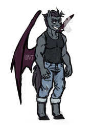 Size: 787x1060 | Tagged: safe, artist:lya, oc, oc only, oc:draug, bat pony, anthro, unguligrade anthro, anthro oc, athlete, cigarette, clothes, jeans, male, pants, smiling, smoking, solo, standing, wings