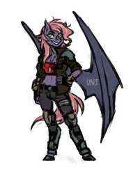Size: 802x1000 | Tagged: safe, artist:lya, oc, oc only, oc:korom, bat pony, anthro, unguligrade anthro, anthro oc, armor, clothes, female, gloves, hand on hip, jacket, kezsüel, solo, standing, top, wings