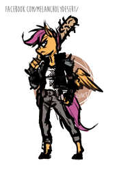 Size: 658x945 | Tagged: safe, artist:lya, scootaloo, pegasus, anthro, unguligrade anthro, g4, baseball bat, clothes, female, grumpy, jacket, jeans, kezsüel, pants, post-apocalyptic, roleplaying, solo, standing, wings
