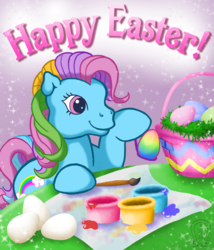 Size: 1080x1262 | Tagged: safe, artist:anscathmarcach, rainbow dash (g3), g3, g4, easter, easter basket, easter egg, female, paintbrush, solo
