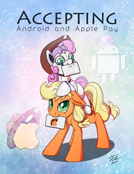 Size: 695x900 | Tagged: safe, artist:tsitra360, applejack, sweetie belle, android, earth pony, gynoid, pony, robot, robot pony, unicorn, g4, apple (company), cute, duo, female, filly, foal, hat, hooves, horn, jackabetes, mare, mouth hold, signature, sweetie bot, text