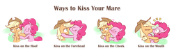 Size: 1762x533 | Tagged: safe, artist:raridashdoodles, applejack, pinkie pie, earth pony, pony, g4, applejack's hat, blushing, breath, cheek kiss, comic, cowboy hat, cute, duo, eyes closed, female, forehead kiss, hat, heart, hoof kissing, kiss on the lips, kissing, lesbian, mare, raised eyebrow, ship:applepie, shipping, smiling, stetson, surprise kiss, surprised, sweat, ways to kiss your mare