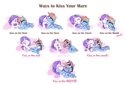 Size: 1762x1190 | Tagged: safe, artist:raridashdoodles, rainbow dash, rarity, pegasus, pony, unicorn, g4, angry, blushing, breath, cheek kiss, comic, cross-popping veins, cute, dashabetes, duo, eyes closed, eyeshadow, female, forehead kiss, glasses, heart, hoof kissing, horn, horn kissing, kiss on the lips, kissing, laughing, lesbian, makeup, mare, open mouth, punch, raribetes, ship:raridash, shipping, shove, simple background, smiling, sparkles, spread wings, sunglasses, teasing, ways to kiss your mare, white background