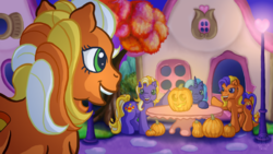 Size: 1024x576 | Tagged: safe, artist:anscathmarcach, abra-ca-dabra, pumpkin tart, oc, oc:candy corn cascade, oc:genesis, g3, food, halloween, house, jack-o-lantern, pumpkin, table
