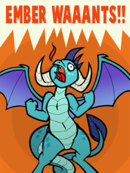 Size: 900x1199 | Tagged: safe, artist:toonbat, princess ember, dragon, g4, all caps, black outlines, clenched fist, cropped, dialogue, ember want, emberzilla, fire, solo, spike want, text, transformation