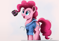 Size: 1609x1125 | Tagged: safe, artist:ncmares, pinkie pie, earth pony, pony, g4, chest fluff, clothes, coffee, coffee mug, cup, cute, diapinkes, female, fluffy, hoodie, mare, ncmares is trying to murder us, open mouth, pinkie found the coffee, prehensile mane, raised leg, signature, simple background, smiling, solo, walking, white background