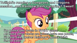 Size: 1280x720 | Tagged: safe, edit, scootaloo, g4, dungeons and dragons, excited, female, hilarious in hindsight, image macro, implied rainbow dash, implied twilight sparkle, meme, out of character, solo, this will end in tears