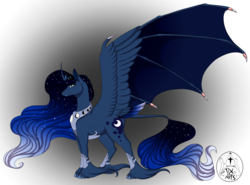 Size: 4713x3495 | Tagged: safe, artist:thedudegamer, princess luna, g4, bat wings, claws, curved horn, fangs, female, horn, hybrid wings, redesign, simple background, solo, unshorn fetlocks
