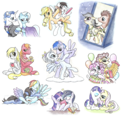 Size: 1024x975 | Tagged: safe, artist:islamilenaria, applejack, big macintosh, cheese sandwich, daring do, derpy hooves, doctor whooves, fancypants, fluttershy, pinkie pie, rainbow dash, rarity, time turner, trixie, twilight sparkle, oc, pegasus, pony, g4, accordion, book, canon x oc, crack shipping, daringtime, drums, female, lesbian, male, mane six, mare, musical instrument, oc x oc, ship:cheesepie, ship:derpymac, ship:flarity, shipping, straight, trixiepants