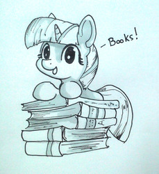 Size: 1280x1395 | Tagged: safe, artist:php64, twilight sparkle, pony, unicorn, g4, book, bookhorse, cute, female, filly, filly twilight sparkle, lineart, looking at you, monochrome, pile of books, solo, that pony sure does love books, traditional art, twiabetes, unicorn twilight